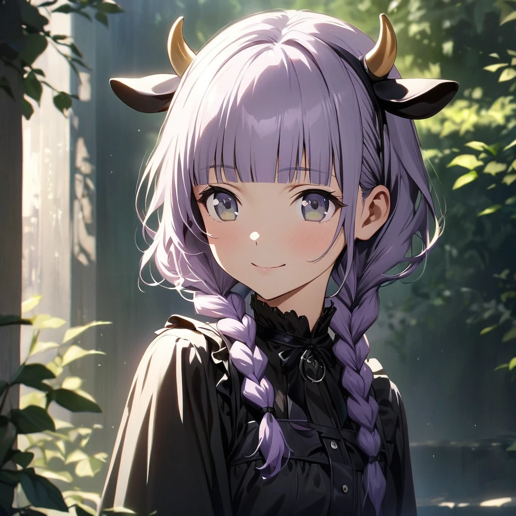 (Cute a girl:1.5), (masterpiece:1.3), anime visual,  (Lovey-dovey:1.5), (tilt head:1.3), extremely delicate face, realistic lighting and shading, (an extremely delicate and beautiful art:1.3),15 years old,smiling,(pale purple wavy and blunt bangs braids hair,green and black eyes,portrait:1.5)from front,fullbody shot,full body shot,White brim, black gothic maid outfit, black knee-high socks, leather shoes, outdoors,morning lit,cowboy shot,cow boy shot,