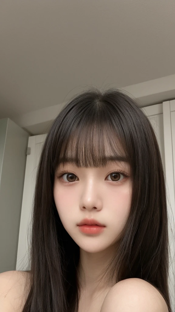 Close-up of a woman with long hair and a cigarette, Ela tem cabelo preto With bangs, Ulzzang, With bangs completa, Larisa Manovar, With bangs, Korean, cabelo arrumado With bangs, Young and pretty Asian face, cabelo comprido With bangs completa, cabelos longos With bangs, Young and adorable Korean face, Pale, round face, young asian girl, complete naked, complete closed mouth, 