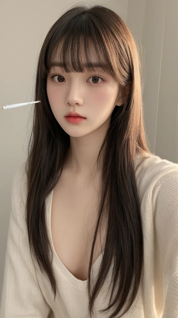 Close-up of a woman with long hair and a cigarette, Ela tem cabelo preto With bangs, Ulzzang, With bangs completa, Larisa Manovar, With bangs, Korean, cabelo arrumado With bangs, Young and pretty Asian face, cabelo comprido With bangs completa, cabelos longos With bangs, Young and adorable Korean face, Pale, round face, young asian girl, complete naked, complete closed mouth, 
