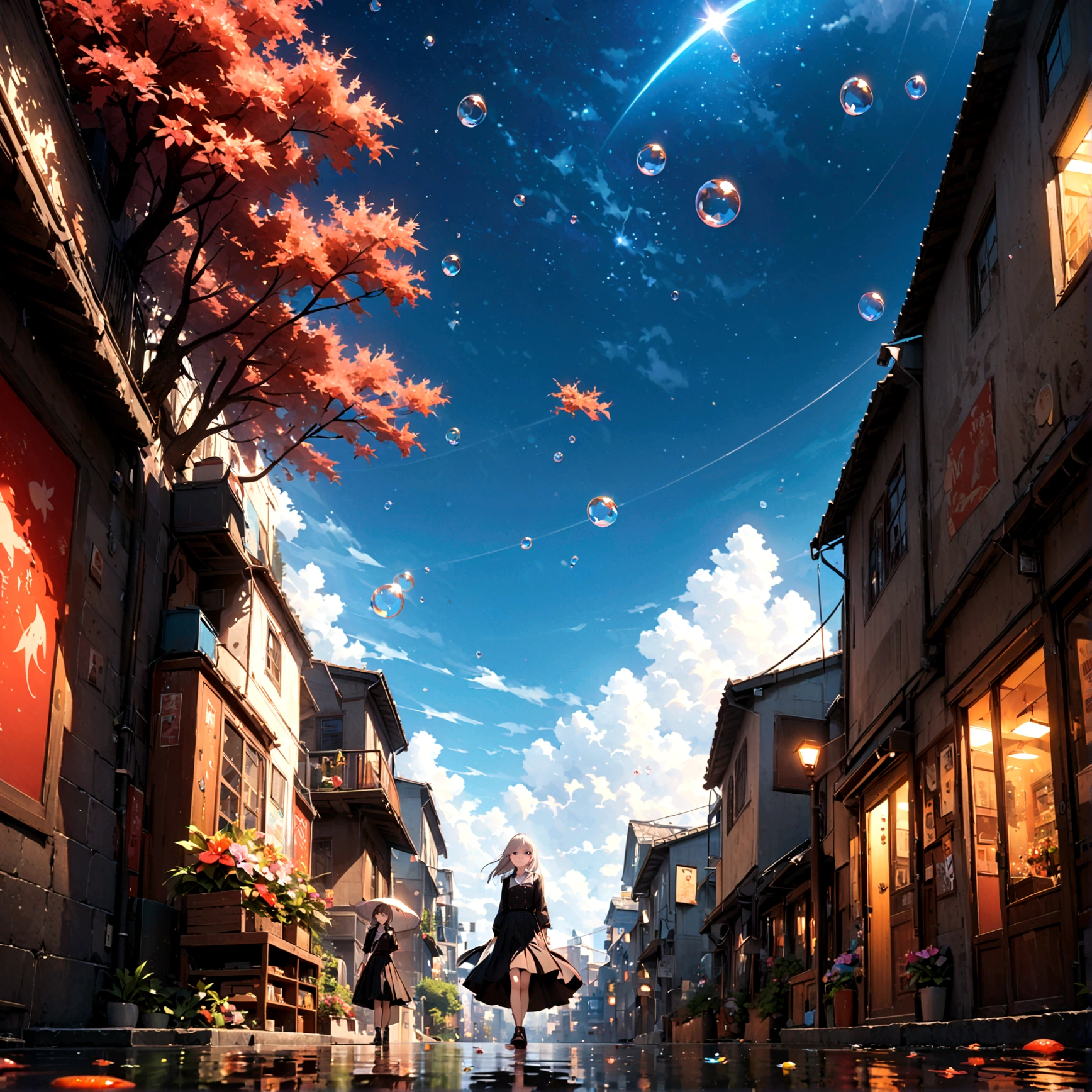 woman\(student, 15 years old, JK, Short silver hair floating, Space-colored eyes, school black uniform, Pale skin, Tired face、lack of shine in the eyes\) Looking up at the sky, (Many shiny red scale goldfish swimming in the air), (Transparent bubbles, like those in water, sparkle here and there in the sky.), Beautiful sky, Beautiful Clouds, There is a puddle on the ground、The scenery is beautifully reflected, Looking up at the wide sky from a narrow back alley in a cluttered downtown area, Colorful summer flowers are blooming everywhere., I see the wind blowing and shining, There is a noon moon and a noon star in the sky,From below, break ,quality\(8K,非常に精細なCGユニットのwallpaper, masterpiece,High resolution,top-quality,top-quality real texture skin,Surreal,Increase the resolution,RAW Photos,最高quality,Very detailed,wallpaper,Cinema Lighting,Ray-tracing,Golden Ratio\),Take the long view