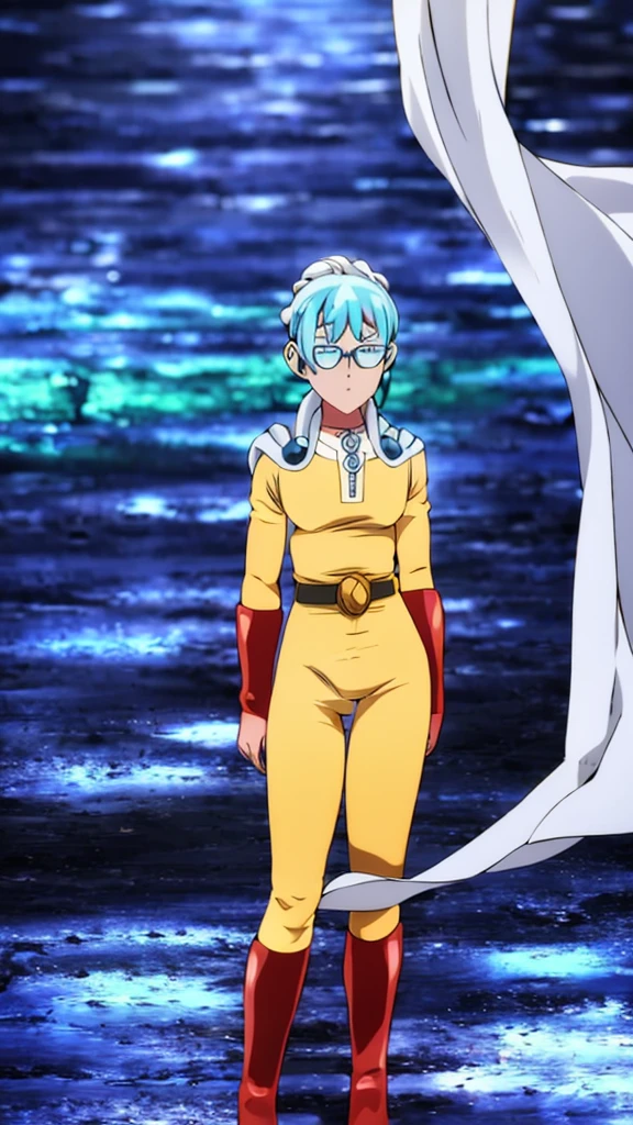 a woman with blue hair and glasses in a blue and white outfit, neferpitou, giorno giovanna, psykos one punch man, high quality colored sketch, anime girl with teal hair, full color manga visual style, best anime character design, blue scales covering her chest, female anime character, portrait of a female anime hero, short blue haired woman, colored manga panel, white haired deity, solo, de corpo inteiro, corpo atraente, cabelo longo, full body, attractive body, long hair, white cloth costume, with hair bangs similar to Trunks' hair bangs, Trunks' hair bangs, long hair, with earrings, infinity earrings