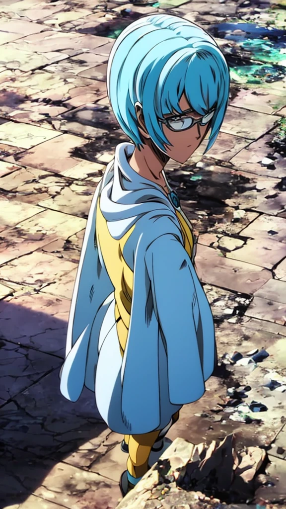 a woman with blue hair and glasses in a blue and white outfit, neferpitou, giorno giovanna, psykos one punch man, high quality colored sketch, anime girl with teal hair, full color manga visual style, best anime character design, blue scales covering her chest, female anime character, portrait of a female anime hero, short blue haired woman, colored manga panel, white haired deity, solo, de corpo inteiro, corpo atraente, cabelo longo, full body, attractive body, long hair, white cloth costume, with hair bangs similar to Trunks' hair bangs, Trunks' hair bangs, long hair, with earrings, infinity earrings