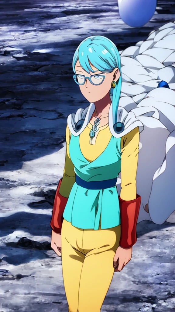 a woman with blue hair and glasses in a blue and white outfit, neferpitou, giorno giovanna, psykos one punch man, high quality colored sketch, anime girl with teal hair, full color manga visual style, best anime character design, blue scales covering her chest, female anime character, portrait of a female anime hero, short blue haired woman, colored manga panel, white haired deity, solo, de corpo inteiro, corpo atraente, cabelo longo, full body, attractive body, long hair, white cloth costume, with hair bangs similar to Trunks' hair bangs, Trunks' hair bangs, long hair, with earrings, infinity earrings