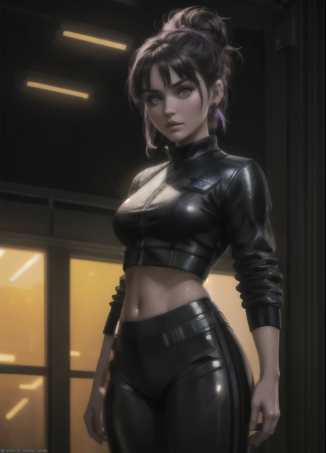 anamr in shopping center, pink messy bun hair, extremely detailed, realistic, perfect skin), looking at viewer, standing, full body, (black acoaL leggings), glow effects, godrays, Hand drawn, render, 8k, octane render, cinema 4d, blender, dark, atmospheric 4k ultra detailed, cinematic, Sharp focus, big depth of field, Masterpiece, colors, 3d octane render, 4k, concept art, trending on artstation, hyperrealistic, Vivid colors, extremely detailed CG unity 8k wallpaper, trending on CGSociety, Intricate, High Detail, dramatic,