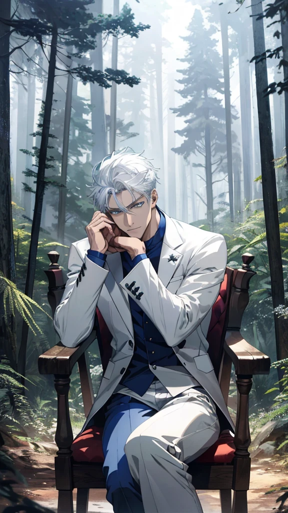 White haired, a man sits on at wood chair, look above, ruinscape forest background, and white outfit, blue eye, Masterpiece, Best Quality, Ultra-detailed, illustartion, concept art in 8K resolution, concept art wallpaper 4k, Deep color, natural lighting, (a male god)