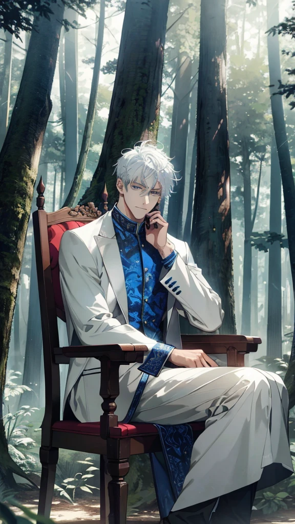 White haired, a man sits on at wood chair, look above, ruinscape forest background, and white outfit, blue eye, Masterpiece, Best Quality, Ultra-detailed, illustartion, concept art in 8K resolution, concept art wallpaper 4k, Deep color, natural lighting, (a male god)