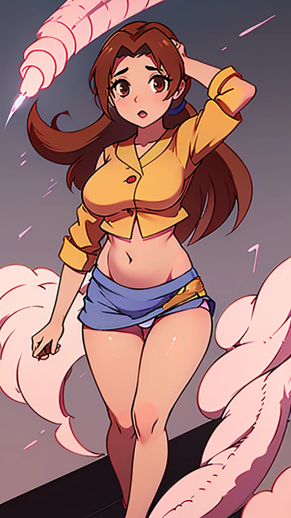 A girl with light skin, sexy, cute, leaders, long brown hair, her brown eye, wears a pink button-down blouse, shows her navel, and a short blue skirt, black shoe, and she travels, flying, sky, city background.
