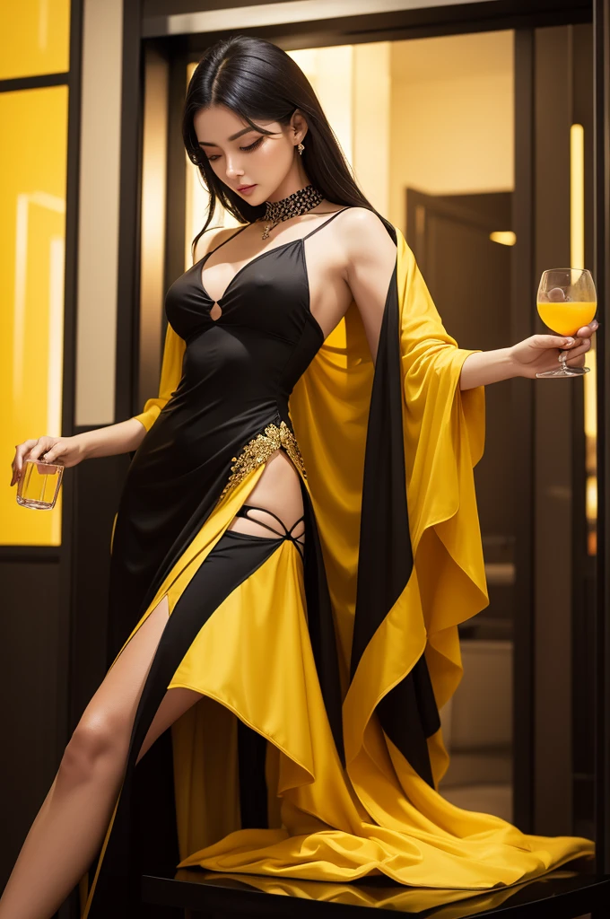 Sensual stylized woman, holding glass of drink, clothes in soft yellow and black color, 