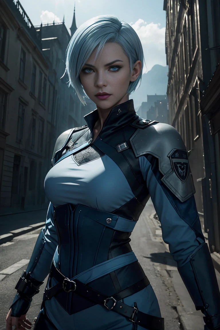 (An Enigmatic 30-Year-Old Female Vampire Hitwoman), (Light Blue Wolfcut Hair:1.4), (Sharp Silver Eyes), (Fair Skin with Hidden Fangs), (Wearing Dark Blue Tactical Outfit:1.4), (Castle of Eternal Night), (Dynamic Pose:1.4), Centered, (Waist-up Shot:1.4), From Front Shot, Insane Details, Intricate Face Detail, Intricate Hand Details, Cinematic Shot and Lighting, Realistic and Vibrant Colors, Masterpiece, Sharp Focus, Ultra Detailed, Incredibly Realistic Environment and Scene, Master Composition