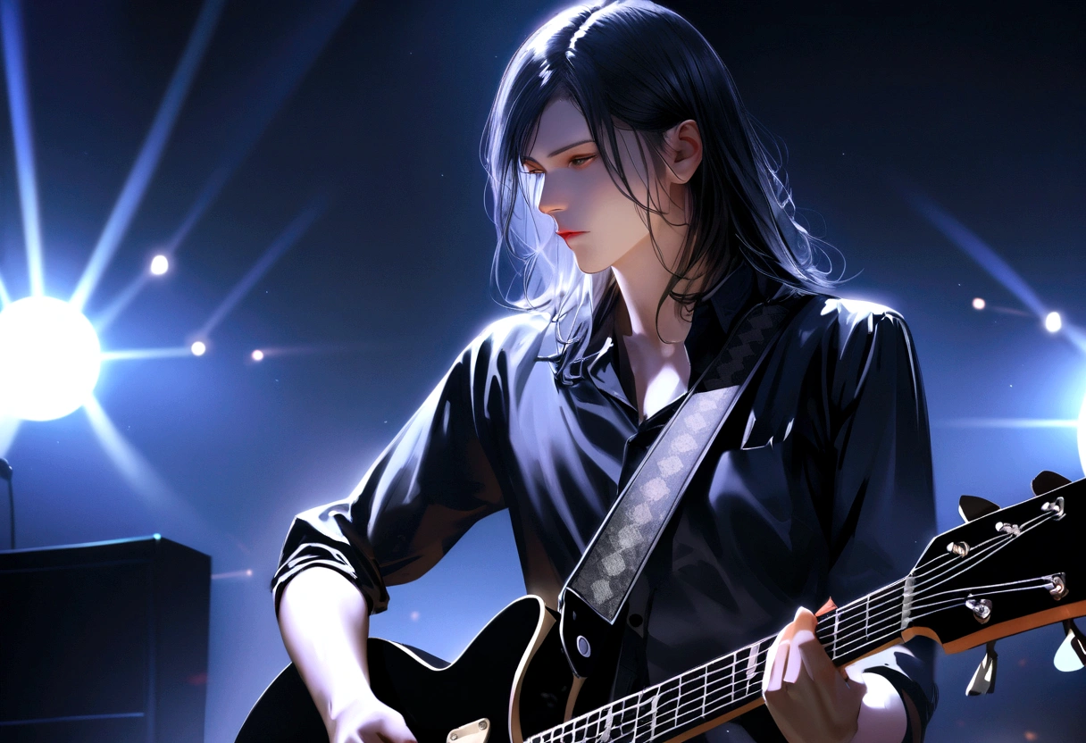 Rock bands. Caucasian guitarist, thin, Very long with black hair, His passion for black and white electric guitar. Playing on a professional stage with lights, haze, screen & flame. A hyper-realistic , profesional lighting, Upper body