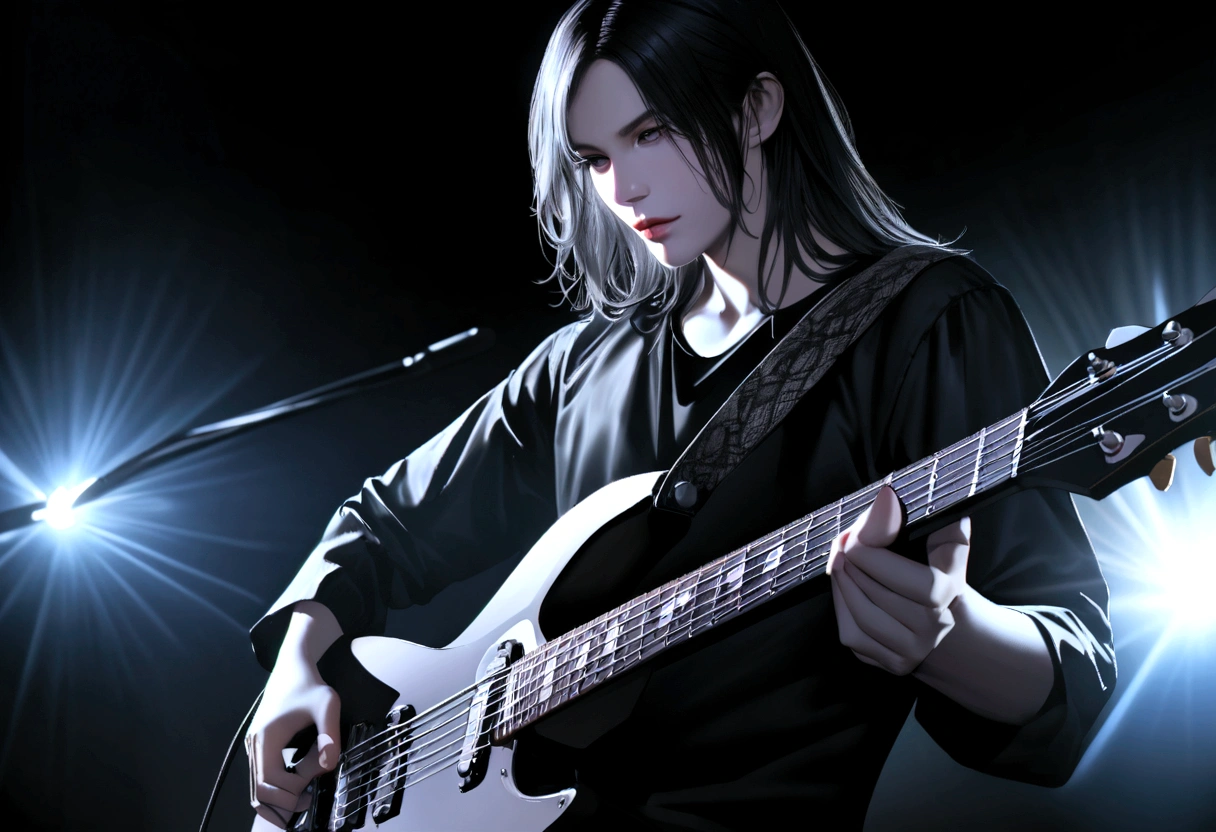 Rock bands. Caucasian guitarist, thin, Very long with black hair, His passion for black and white electric guitar. Playing on a professional stage with lights, haze, screen & flame. A hyper-realistic , profesional lighting, Upper body