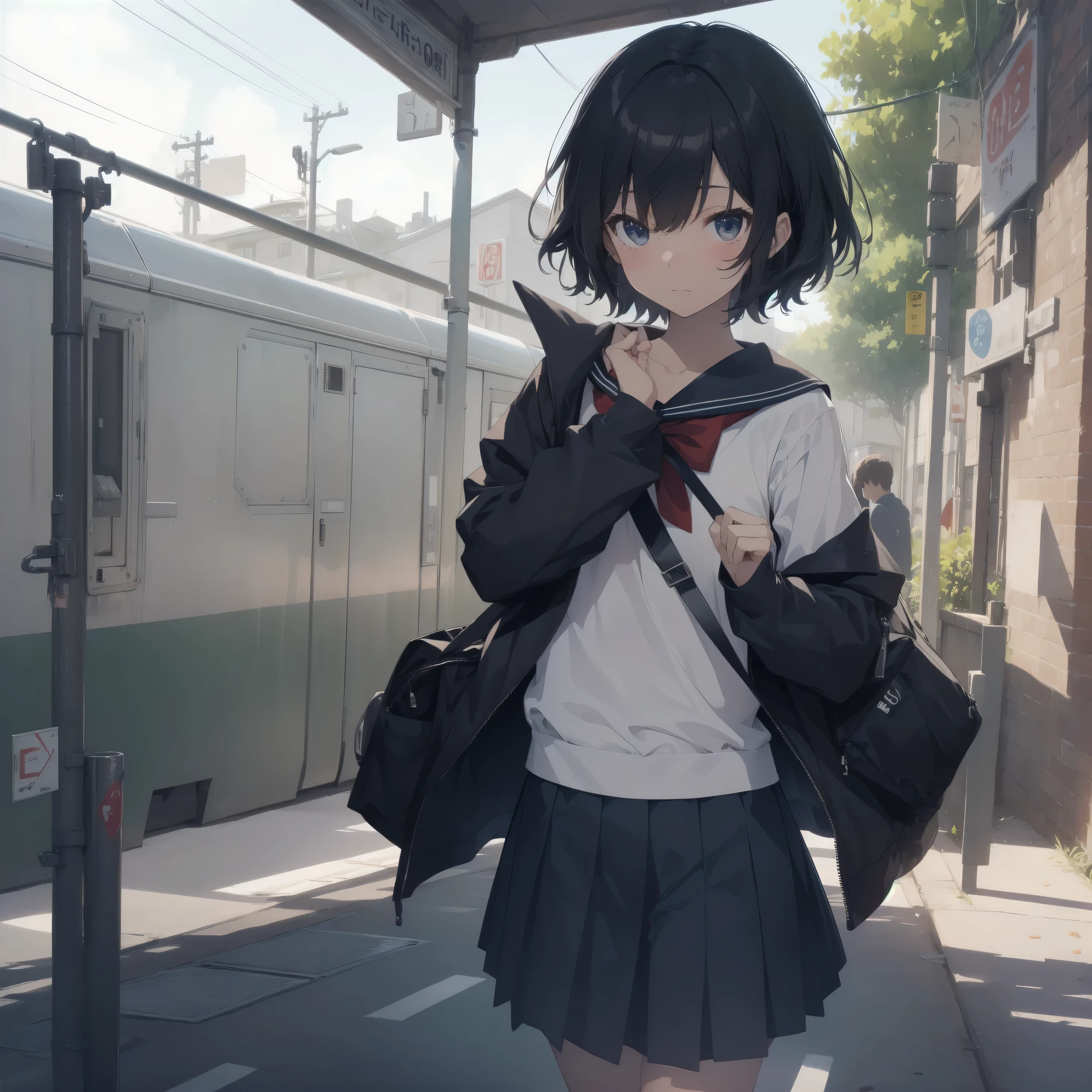 ultra-absurdres-Top quality by artist God, ultra-detailed, high resolution, anime moe artstyle, best anime 8k konachan wallpaper, pixiv contest winner, pool:2810, perfect anatomy,break, 1girl, (Please draw a girl walking sleepily to school alone. )break,(Solo,little female, 13-year-old:1.3),Full limbs, complete fingers,a junior high school student, (very short hair), short cut, flat chest, , small butt, small black eyes, beautiful detailed eyes, well-proportioned iris and pupils, expressive eyes, highres detailed hair, soft expression, salor school_uniform, sailor collar, serahuku, bow, pleated skirt,(Detailed Lighting), (Detailed background), in the School commute route. break,super detailed skin, Best cinematic lighting powered by famous artist, 8k,beauty illustration,photoshop_(medium),very aesthetic,break,((artist:saiguchi_otoufu )), artist:clamp ,artist:carnelian ,artist:kantoku ,