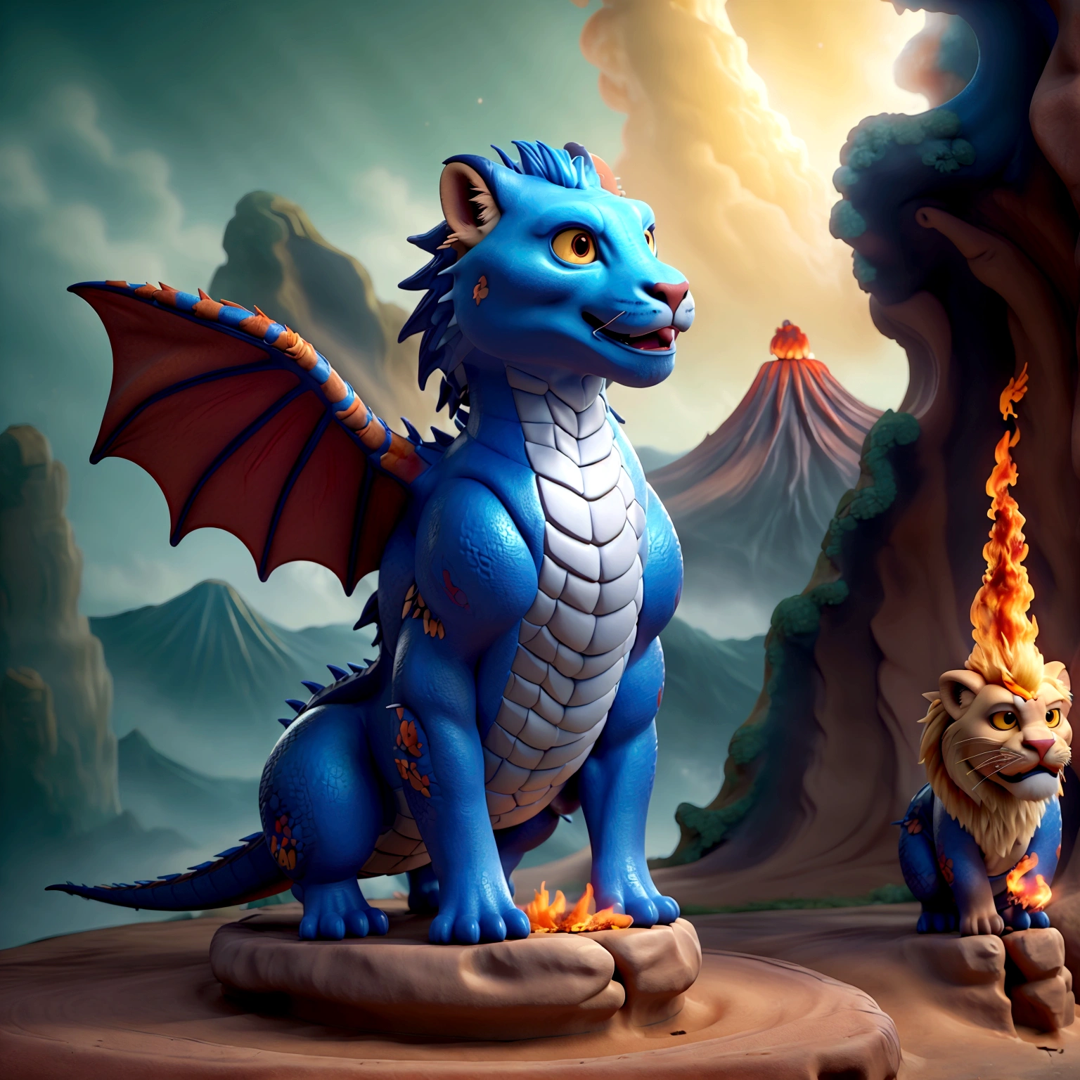 ((best quality)), ((masterpiece)), (detailed), 1 dragon fuse with lion, stand with gorgeous pose, background full of volcano, in the world of abyss, breathing a dark spirited fire.