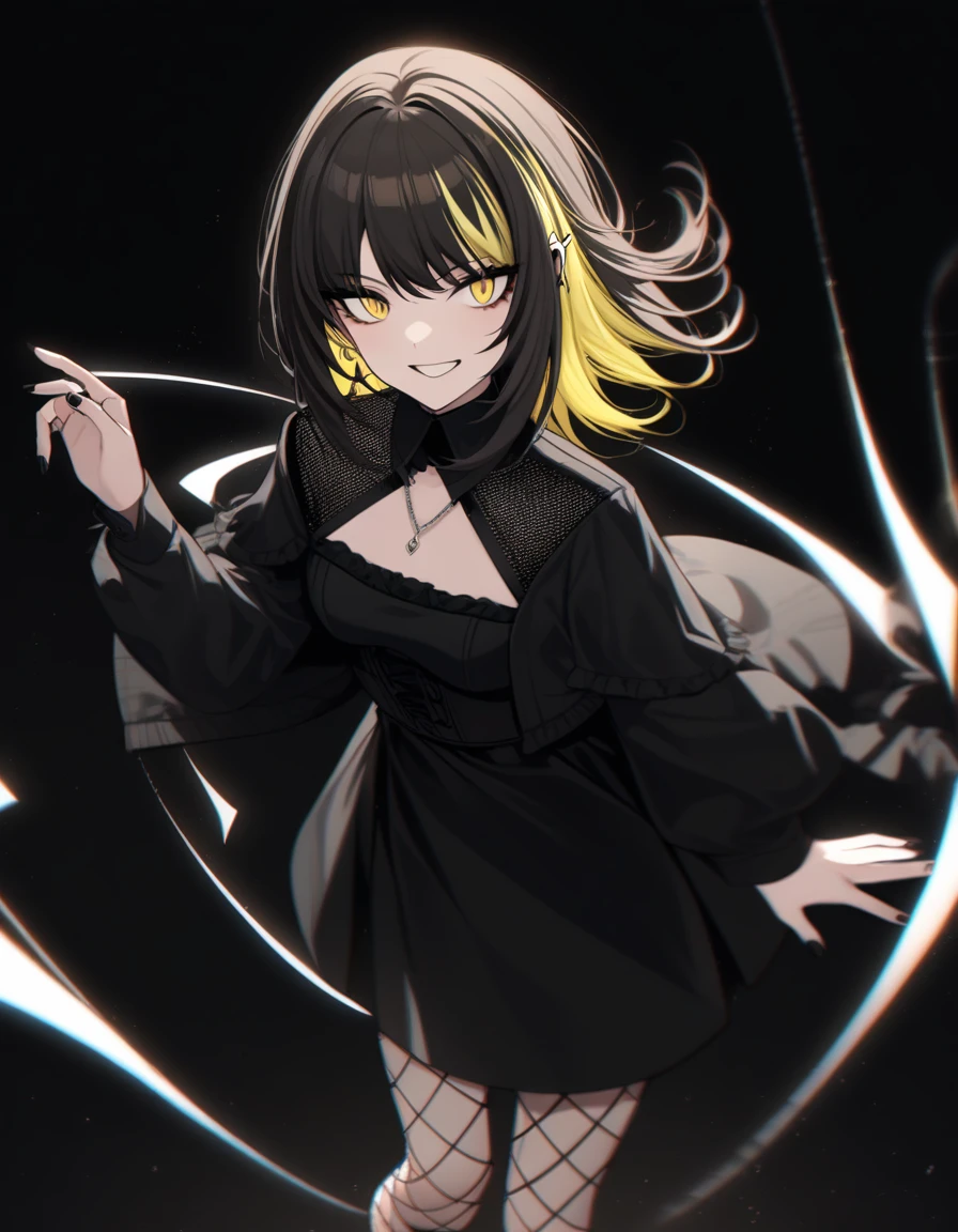 L_Ikaruga, One girl, alone, Black nails, Grin, smile, dress, Medium Hair, Multicolored Hair, Blonde, Manicure, chest, ear Earrings, Earrings, Earrings, View your viewers, bLack dress, pantyhose, fishnet pantyhose, jewelry, bangs, Black Hair, Long sleeve, chestの谷間, Jacket, Yellow Eyes, Brown Hair, Inner hair color, Power Wave, Blurred foreground, Black background, Floating Hair, Tyndall effect, Gadley, A masterpiece of light particles, Highest quality, so beautiful, Absurd