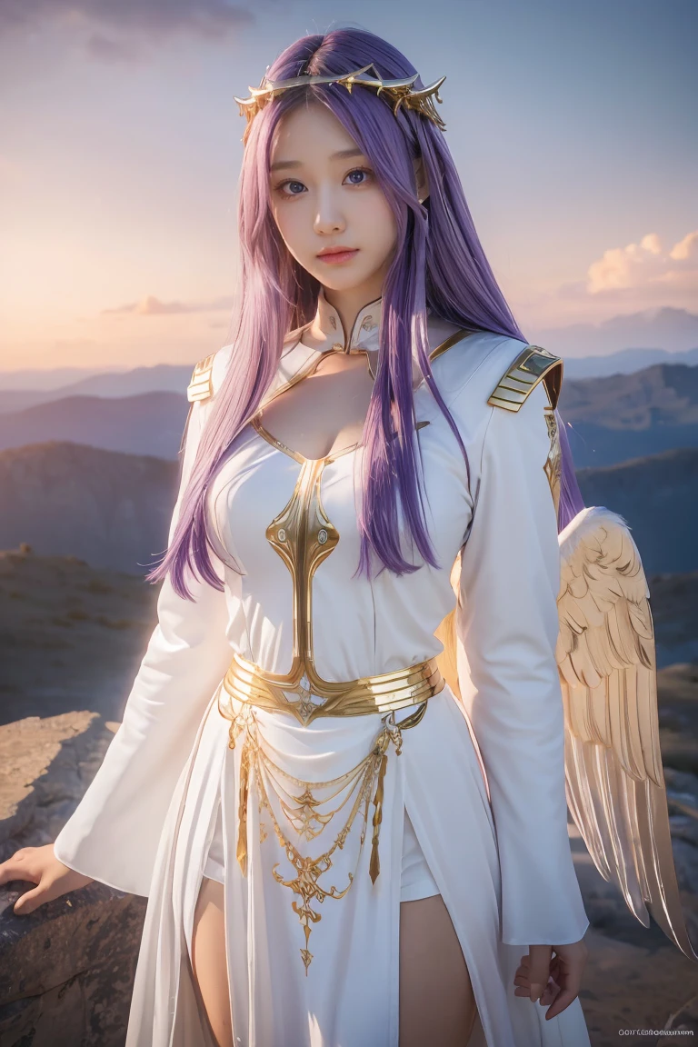 ((masterpiece, best quality, extremely detailed), volumetric lighting, ambient occlusion, colorful, glowing), 
1girl, solo, young girl, (purple hair), long hair, halo, aura, sacred, goddess, cleric suit, (white outfit with gold detailst:1.3), angel wings,
outdoors, sunset, sky, clouds, space, (fantasy theme:1.2),