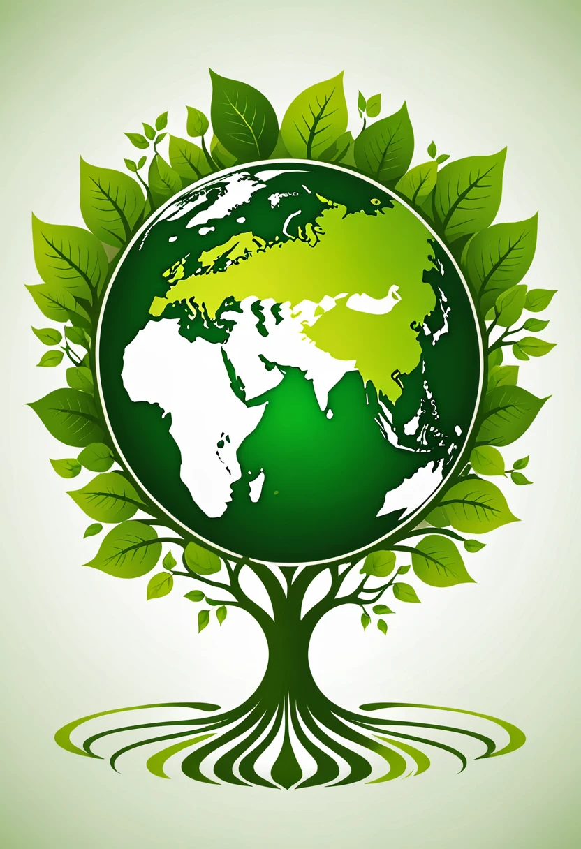 Logo for the company: "EcoSolutions".Theme: Ecological solutions and products. Logo idea: Green world with the image of the globe, growing trees with roots, symbolizing care for nature and ecology.