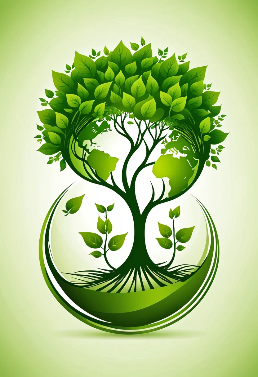 Logo for the company: "EcoSolutions".Theme: Ecological solutions and products. Logo idea: Green world with the image of the globe, growing trees with roots, symbolizing care for nature and ecology.