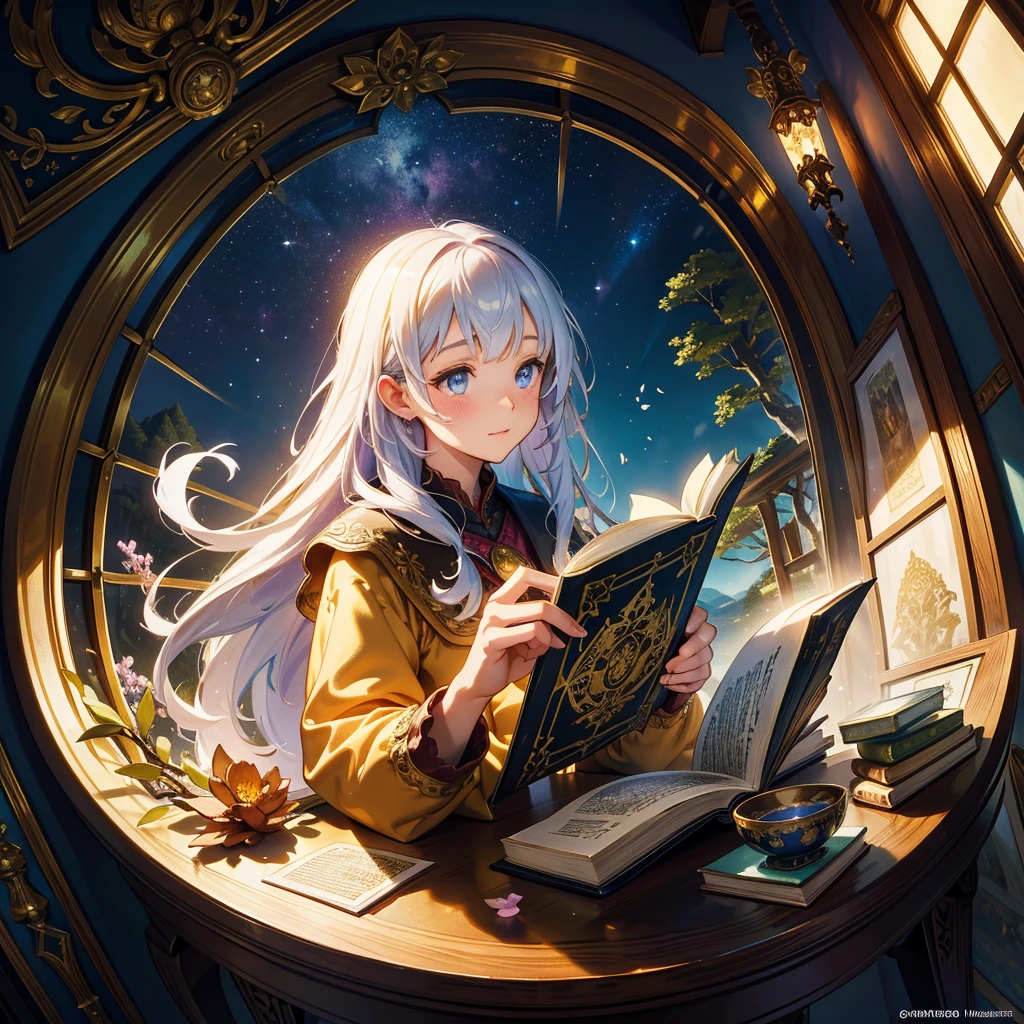 Imagine a fairytale book resting open on a sturdy wooden table, its pages filled with whimsical illustrations and enchanting tales. Picture a cover adorned with embossed gold lettering and intricate designs depicting mythical creatures and magical landscapes. Soft daylight filters through a nearby window, illuminating the book and casting subtle shadows that accentuate its fantastical scenes. Around the table, scattered quills, ink pots, and a few dried flowers hint at a reader lost in the pages of this magical tome. Capture the allure and wonder of fairytales in this scene, where each turn of the page promises new adventures and timeless lessons.