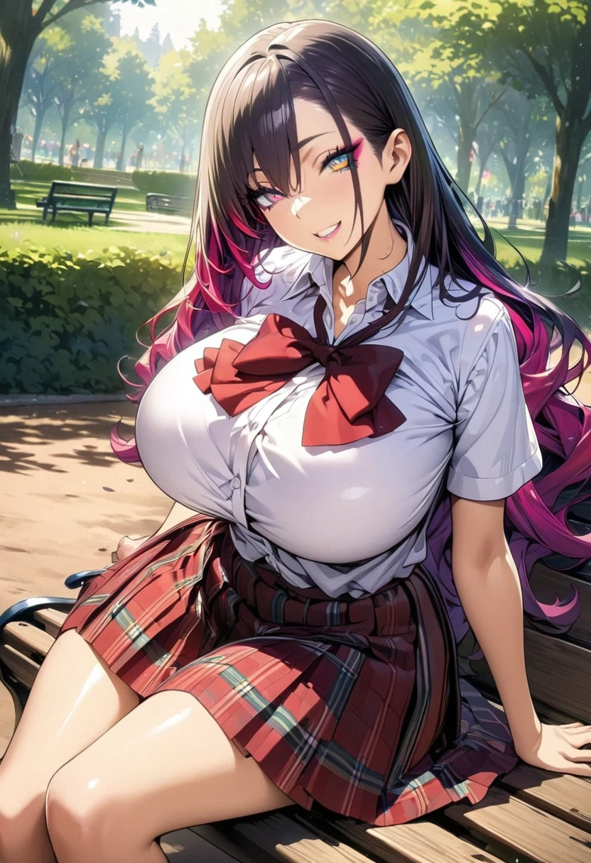 (best quality), (very aesthetic), (ultra-detailed), (best illustration),perfect body, fine texture, colorful long hair, ,Shiny hair,(large breasts1.5), colorful eyes, eyes makeup, , collared shirt, red plaid pleated skirt, red bow, Inside the park,bench,sit on a bench,smile