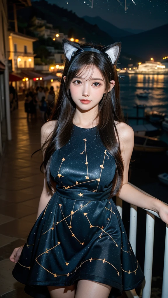 (Starry Sky),(constellation:1.4), (Cow pattern dress:1.2), Beautiful girl walking seashore,
the stunning Amalfi Coast in Italy,
Capture the picturesque coastal villages along the Amalfi Coast, such as Positano, Amalfi, and Ravello, with their colorful buildings cascading down the cliffs towards the azure Mediterranean Sea,
Focus on the rugged coastline,
(Cat ears:1.3),