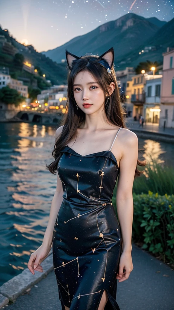 (Starry Sky),(constellation:1.4), (Cow pattern dress:1.2), Beautiful girl walking seashore,
the stunning Amalfi Coast in Italy,
Capture the picturesque coastal villages along the Amalfi Coast, such as Positano, Amalfi, and Ravello, with their colorful buildings cascading down the cliffs towards the azure Mediterranean Sea,
Focus on the rugged coastline,
(Cat ears:1.3),
