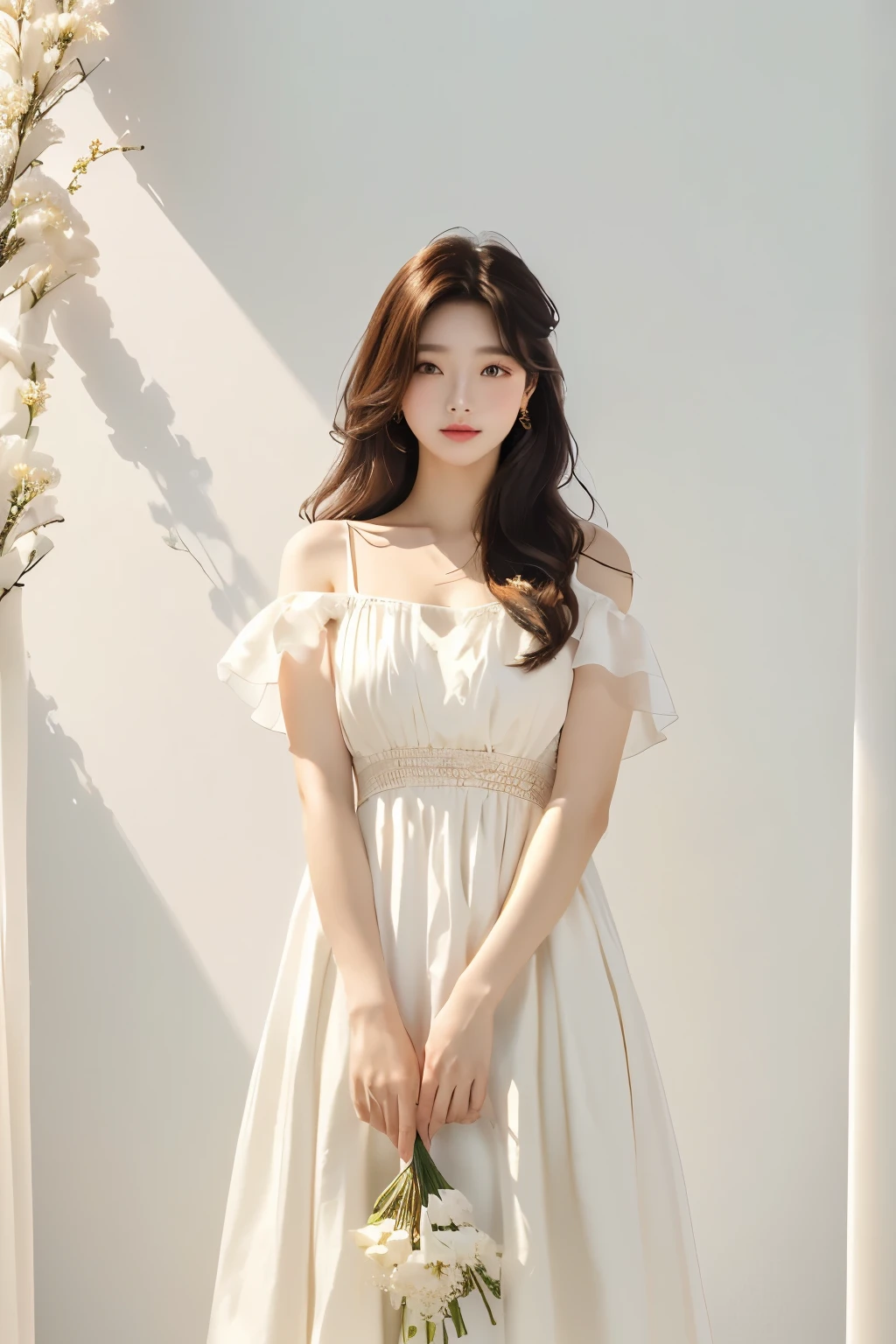 8K, (masterpiece, best quality:1.2), a woman in a 하얀 드레스 holding a bouquet of flowers, simple dress, ancient white dress, light half open dress, simple cream dress, 