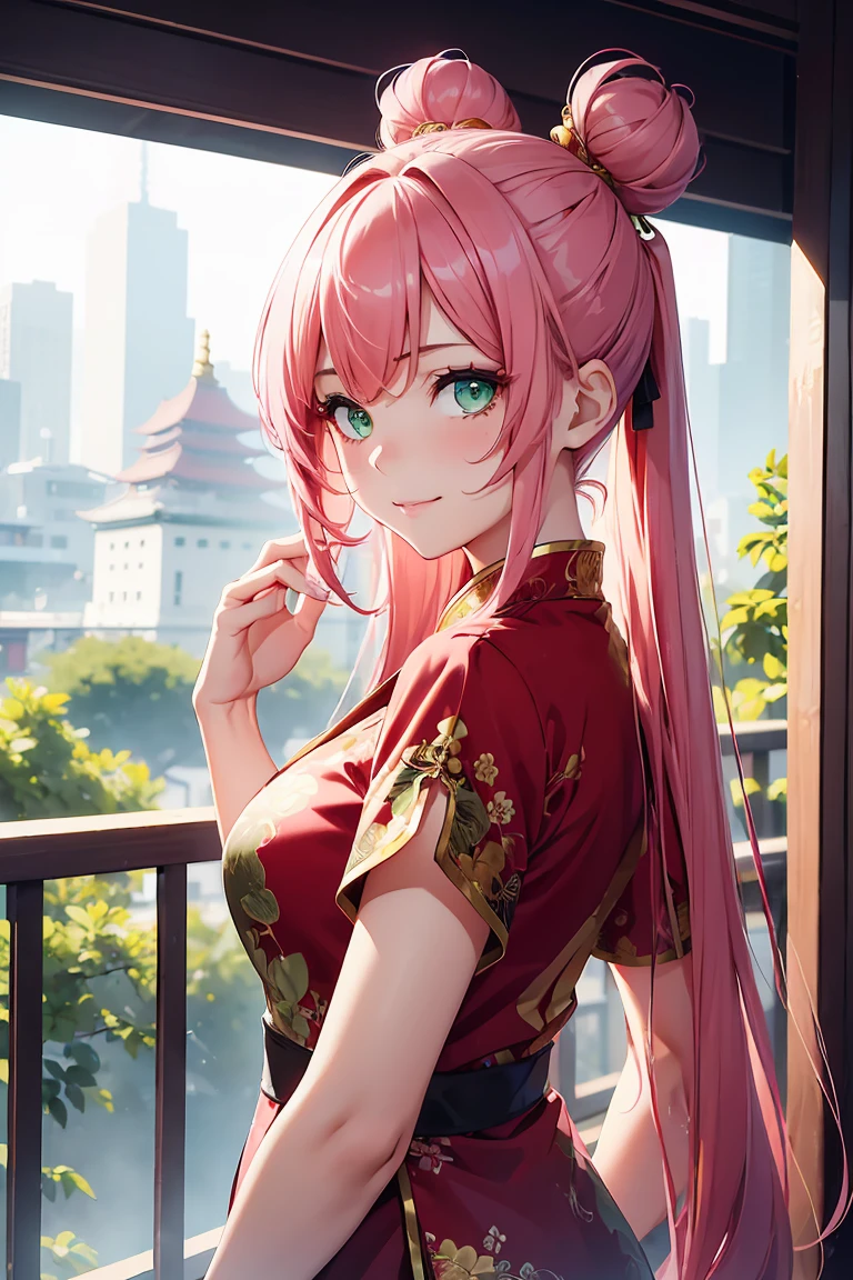((1 girl)), Red Chinese Dress, Latest Fashion Trends ,Close one eye, smile, Chinatown, Shorts,((Very detailed,Highest quality, High resolution, 8k wallpaper, Beautiful clothes,)),((Pink Hair, Long Hair,Straight hair,Chinese style bun hairstyle)) ,(Green Eyes),eye shadow, eyeliner,Glow Eye, Very detailedな目, Complex eyes, Beautiful Eyes, 輝くGreen Eyes,18-year-old girl,