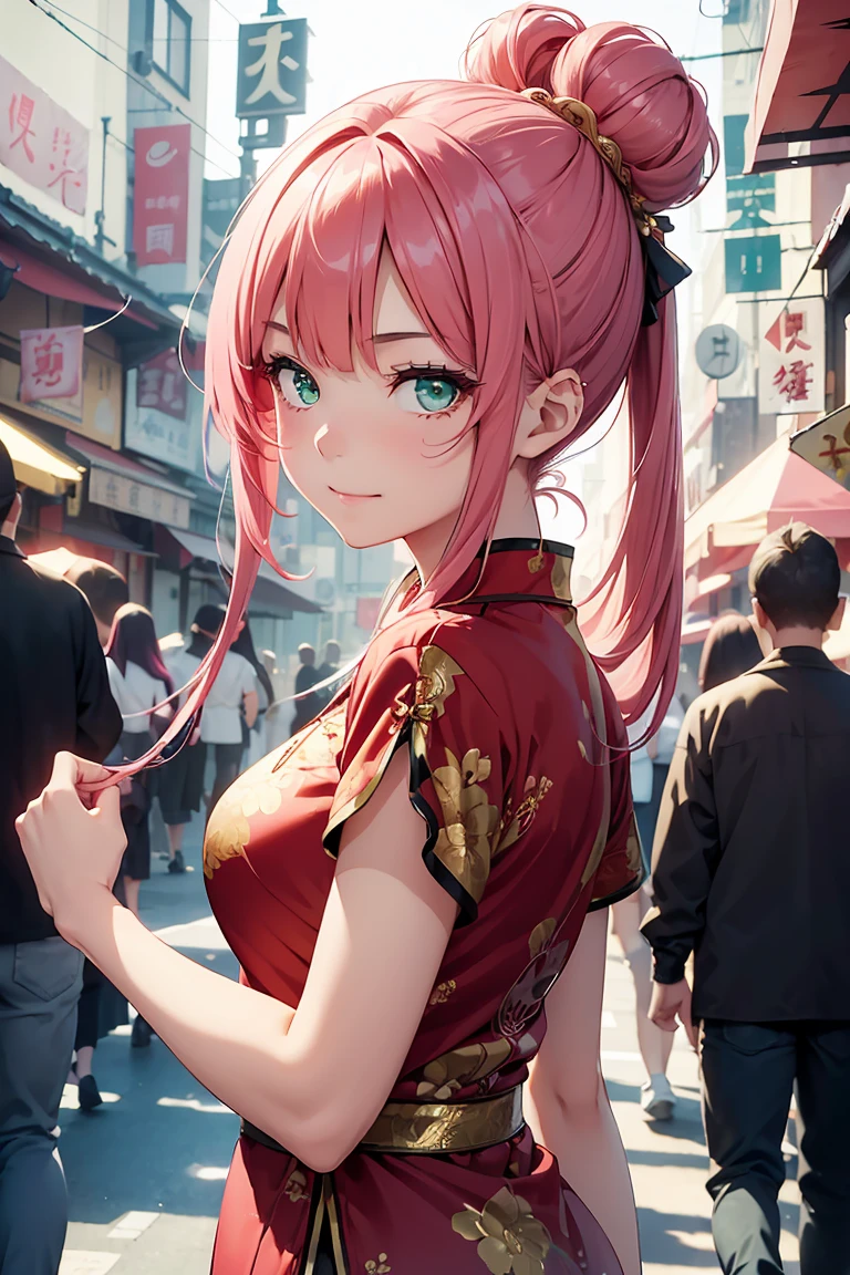 ((1 girl)), Red Chinese Dress, Latest Fashion Trends ,Close one eye, smile, Chinatown, Shorts,((Very detailed,Highest quality, High resolution, 8k wallpaper, Beautiful clothes,)),((Pink Hair, Long Hair,Straight hair,Chinese style bun hairstyle)) ,(Green Eyes),eye shadow, eyeliner,Glow Eye, Very detailedな目, Complex eyes, Beautiful Eyes, 輝くGreen Eyes,18-year-old girl,