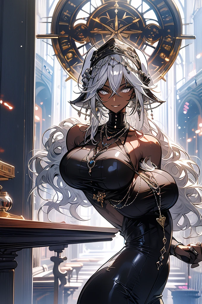 (masterpiece, very high quality, perfect anatomy, erotic, sexy) medieval, fantasy world, 1 woman, 25 years old, very tall, muscular, defined arms, defined abdomen, huge and muscular thighs, dark skin, huge breasts, tall muscular definition, muscular, silver hair, medium height, amber eyes, dark skin, lots of tattoos (sexy nun outfit, silver jewelry, silver rings, necklace and silver) in a church in the background, slutty smile, flushed face, , eyes shining with mischief, rape face, dark skin, dark skin, magic, silver light