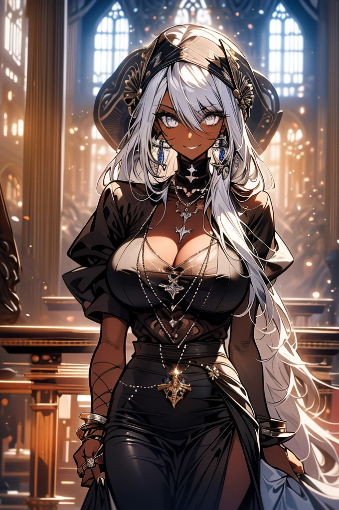 (masterpiece, very high quality, perfect anatomy, erotic, sexy) medieval, fantasy world, 1 woman, 25 years old, very tall, muscular, defined arms, defined abdomen, huge and muscular thighs, dark skin, huge breasts, tall muscular definition, muscular, silver hair, medium height, amber eyes, dark skin, lots of tattoos (sexy nun outfit, silver jewelry, silver rings, necklace and silver) in a church in the background, slutty smile, flushed face, , eyes shining with mischief, rape face, dark skin, dark skin, magic, silver light