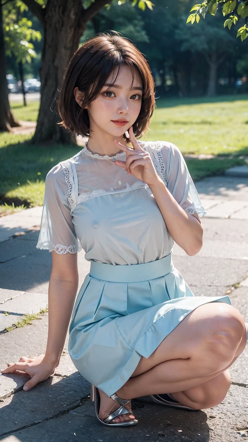 (8k, highest quality, masterpiece: 1.2), ultra detail, highest quality, ultra high resolution, professional lighting, photon mapping, radiosity, physically based rendering, cinematic lighting, depth of field, focusing, sun rays, good composition, (bokeh: 1.2), 1 girl, (full body), smile, beautiful eyes, pose, constriction, brown hair, short hair, prairie blouse light blue, skirt,park,hand {fingers} Kawaii {finger} hand,