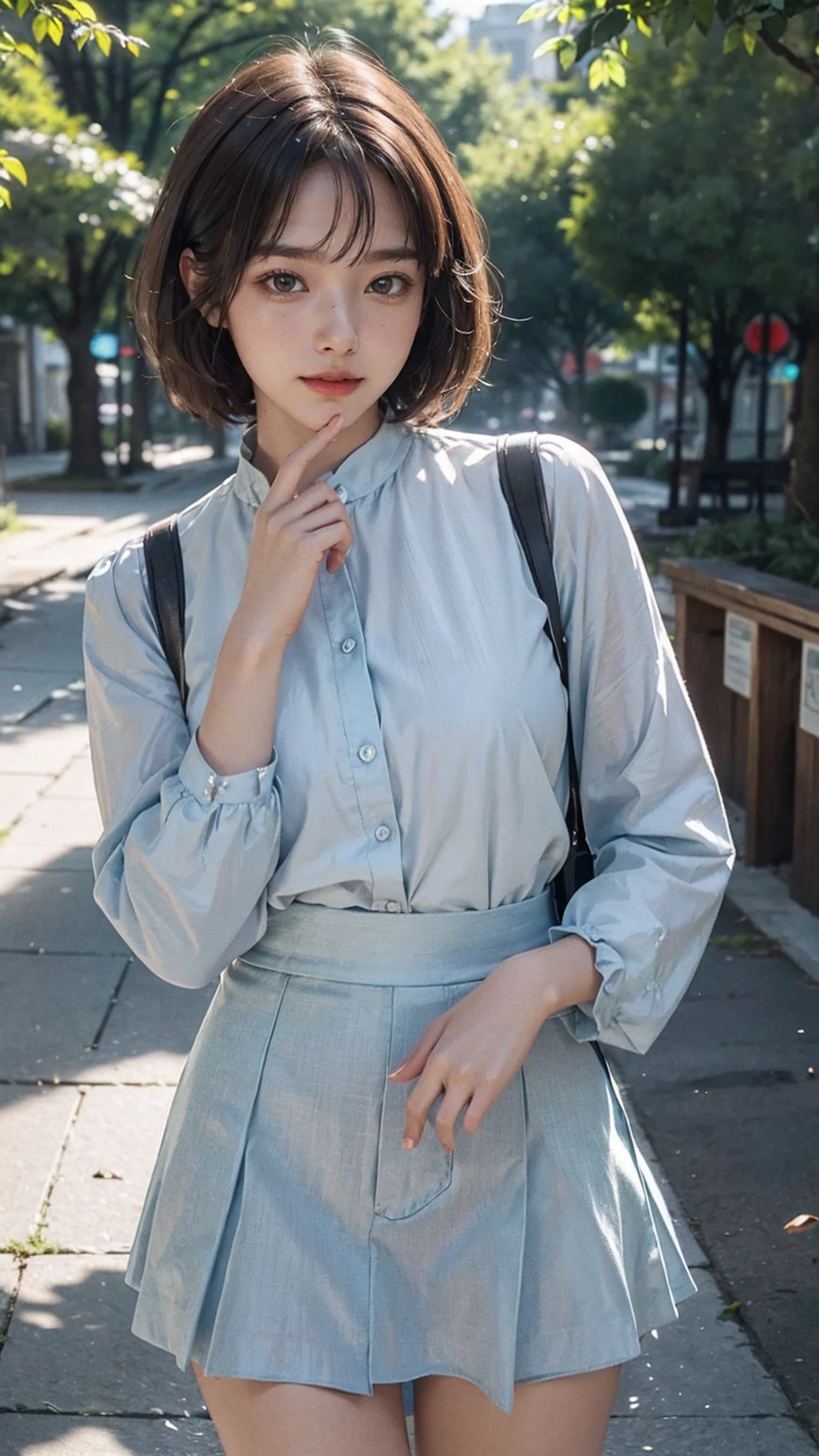 (8k, highest quality, masterpiece: 1.2), ultra detail, highest quality, ultra high resolution, professional lighting, photon mapping, radiosity, physically based rendering, cinematic lighting, depth of field, focusing, sun rays, good composition, (bokeh: 1.2), 1 girl, (full body), smile, beautiful eyes, pose, constriction, brown hair, short hair, prairie blouse light blue, skirt,park,hand {fingers} Kawaii {finger} hand,