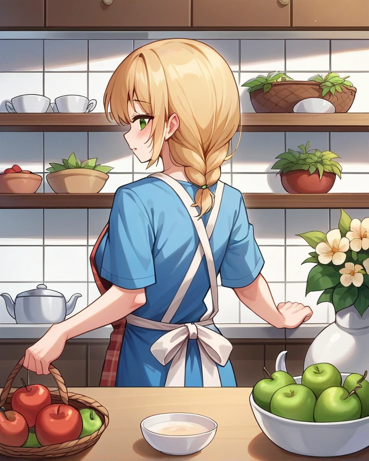 A korean girl is seen from behind, standing in a modern and cozy kitchen. She is wearing a blue shirt and a plaid apron tied at the back. The kitchen is bright and airy, with white walls and wooden countertops. There are various plants and kitchen items neatly arranged on the shelves. On the right side, there is a white pitcher with dried flowers and a small shelf holding a bowl of green apples, a wicker basket, and a couple of mugs. In the foreground, a wooden dining table is adorned with a vase of flowers and a bowl of red apples. The atmosphere is serene and homey, suggesting a calm and peaceful morning routine.