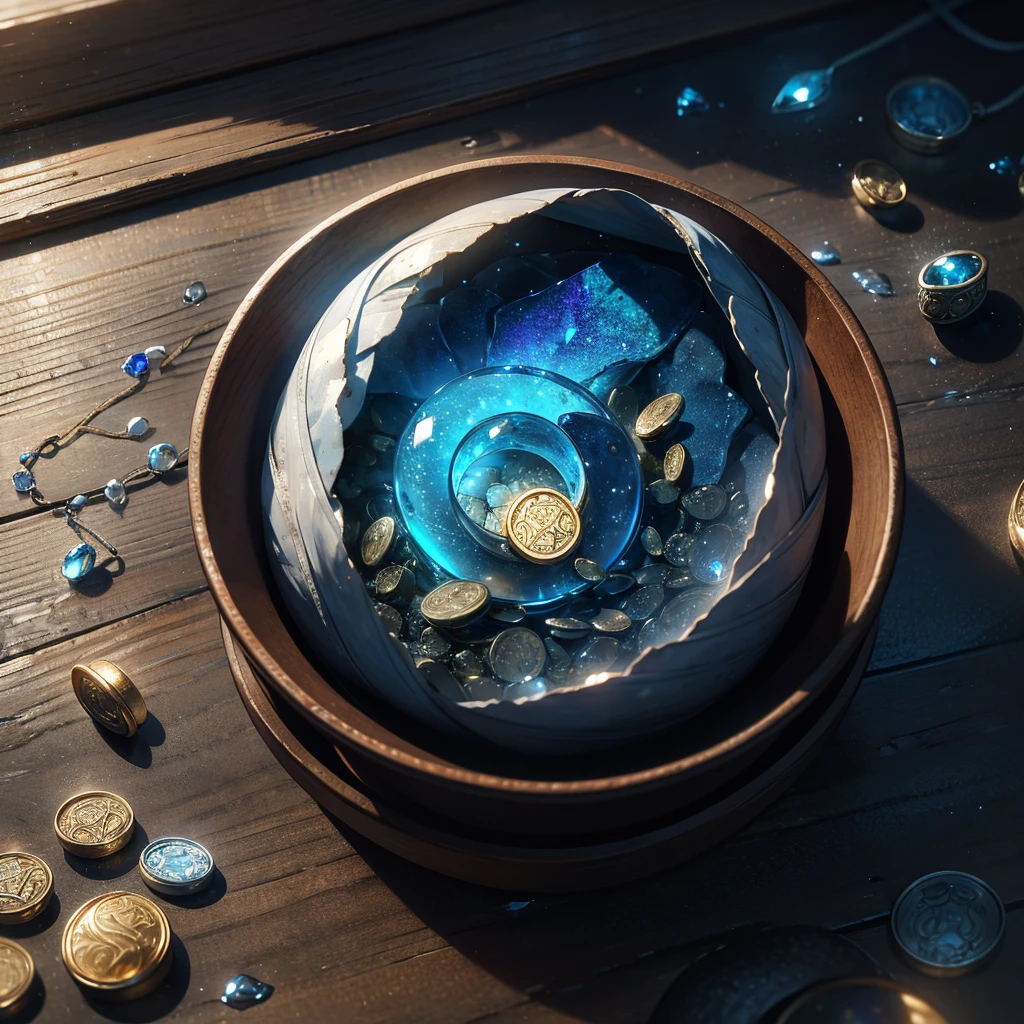 Visualize a mesmerizing blue stone pendant resting on a weathered wooden table, its smooth surface catching the light in a soft, ethereal glow. The stone, resembling a serene sky at twilight, is cradled in a delicate silver setting adorned with intricate filigree. Around it, scattered remnants of dried herbs and a few ancient coins tell tales of its journey through time. The room is dimly lit by flickering candlelight, casting gentle shadows that dance across the pendant's surface. Capture the essence of mystery and magic emanating from this pendant, suggesting a connection to ancient lore or a forgotten legend waiting to be uncovered."