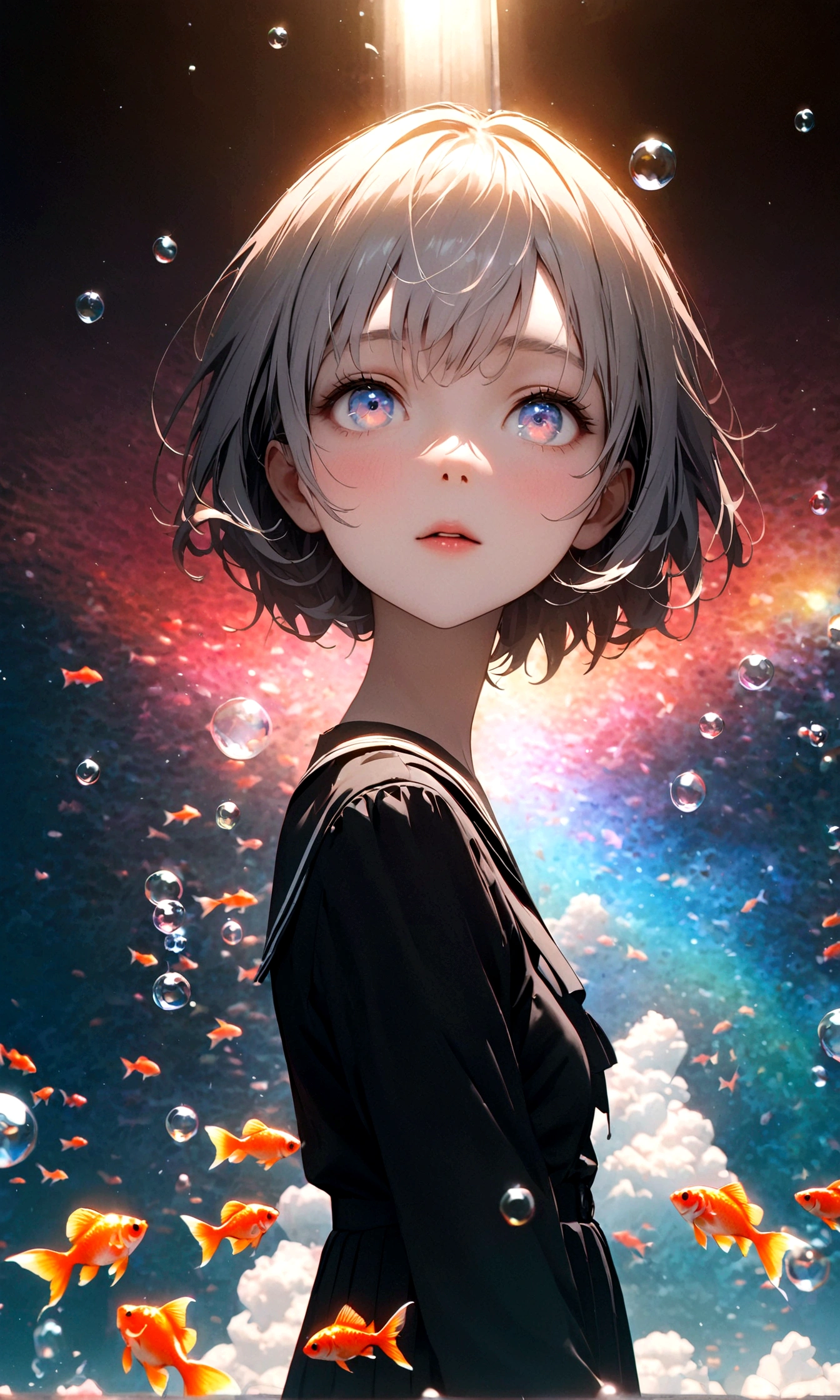 (woman\(student, 15 years old, ＪＫ, Short silver hair floating, Space-colored eyes, school black uniform, Pale skin, Tired face、lack of shine in the eyes\) Looking up at the sky), (Many goldfish are swimming in the air), Beautiful sky, Beautiful Clouds, Colorful summer flowers are blooming everywhere., (Transparent bubbles shine like prisms here and there in the sky), There is a noon moon and a noon star in the sky, (In the narrow alleys of a crowded downtown:0.3), break ,quality\(8K,非常に精細なCGユニットのwallpaper, masterpiece,High resolution,top-quality,top-quality real texture skin,Surreal,Increase the resolution,RAW Photos,最高quality,Very detailed,wallpaper,Cinema Lighting,Ray-tracing,Golden Ratio\),(Long Shot),Wide Shot,