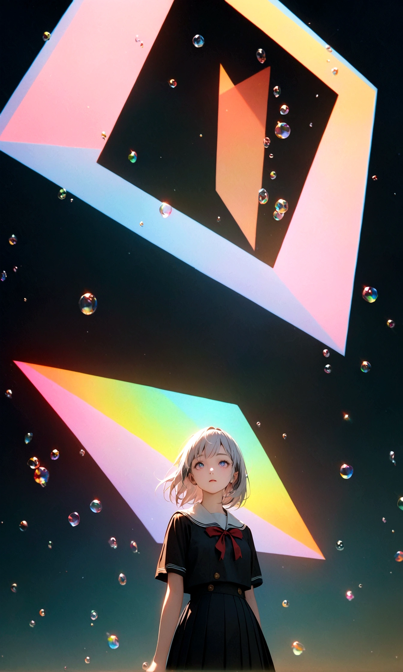 (woman\(, 15 yearhort silver hair floating, Space-colored eyes, school black uniform, Pale skin, Tired face、lack of shine in the eyes\) Looking up at the sky), (Many goldfish are swimming in the air), Beautiful sky, Beautiful Clouds, Colorful summer flowers are blooming everywhere., (Transparent bubbles shine like prisms here and there in the sky), There is a noon moon and a noon star in the sky, (In the narrow alleys of a crowded downtown:0.3), break ,quality\(8K,非常に精細なCGユニットのwallpaper, masterpiece,High resolution,top-quality,top-quality real texture skin,Surreal,Increase the resolution,RAW Photos,最高quality,Very detailed,wallpaper,Cinema Lighting,Ray-tracing,Golden Ratio\),(Long Shot),Wide Shot,