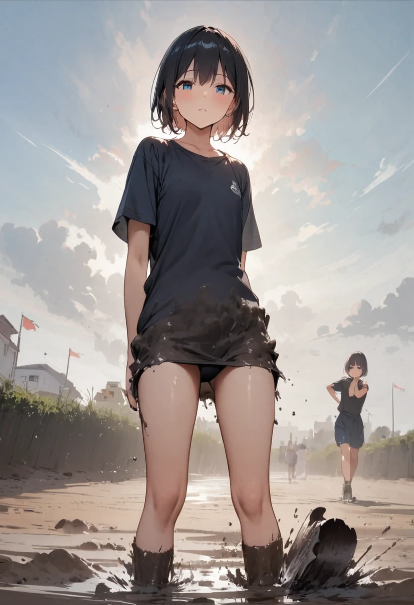 back、turn around、My feet are covered in mud、With sea mud、shoot from below、Black T-shirt、Black Swimsuit、The buttocks are digging in、Thighs、Girl、Girl、Short、Younger、Lower school year、Baby Face、Both eyes open、flat chest、Dynamic Angle、Beach、Seaside、There's a little bit of mud on my face、smile、sunlight