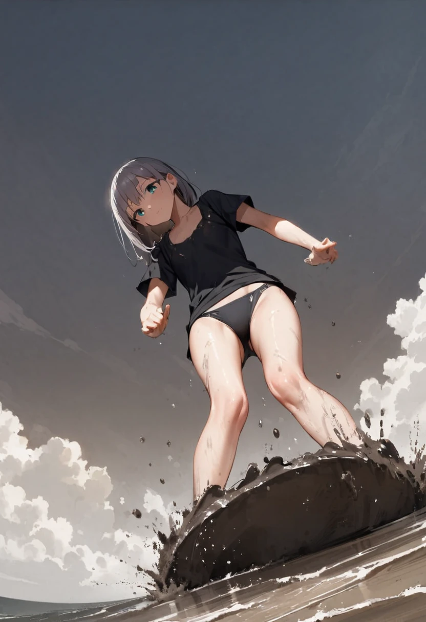 back、turn around、My feet are covered in mud、With sea mud、shoot from below、Black T-shirt、Black Swimsuit、The buttocks are digging in、Thighs、Girl、Girl、Short、Younger、Lower school year、Baby Face、Both eyes open、flat chest、Dynamic Angle、Beach、Seaside、There's a little bit of mud on my face、smile、sunlight