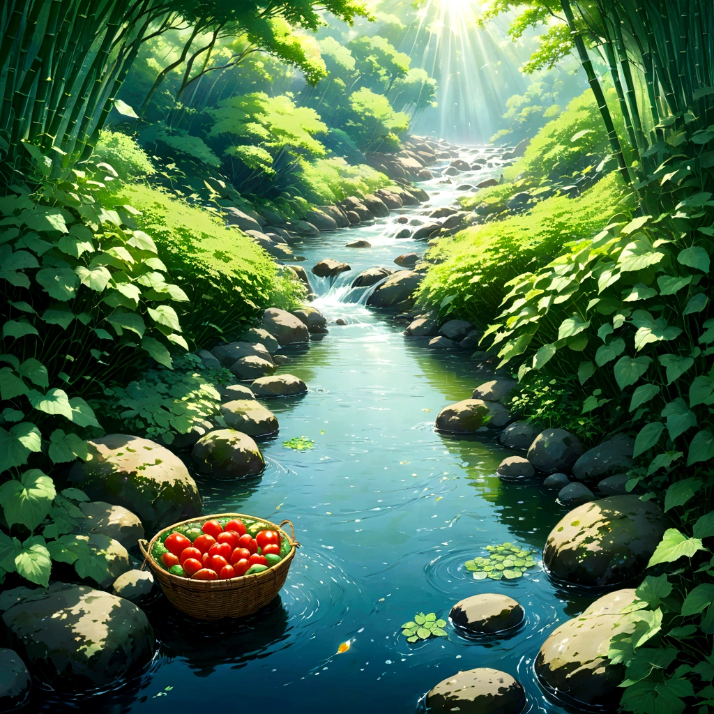 Crystalline water rushes over smooth, moss-covered rocks, the heart of the mountain stream a torrent of whitewater. Near the bank, where the flow softens and pools invitingly, rests a weathered bamboo basket. Submerged in the cool, clear water, it cradles a simple summer meal: three plump tomatoes, four crisp cucumbers, and two glossy eggplants. Sunlight filters through the surrounding foliage, dappling the scene with a gentle warmth and highlighting the vibrant colors of the vegetables. A sense of serene anticipation hangs in the air, a promise of refreshment to come. beautiful anime scenery, landscape painting, beautiful digital painting, andreas rocha, illustration of beautiful artwork, amazing wallpaper, raymond swanland, tall beautiful painting, studio ghibli makoto shinkai, beautiful wallpaper, anime scenery refreshing, nostalgic, summer, japan, nature, no humans simple, minimalist, 3 tomatoes, 4 cucumbers, 2 eggplants, fast-flowing stream, calm edge, submerged basket