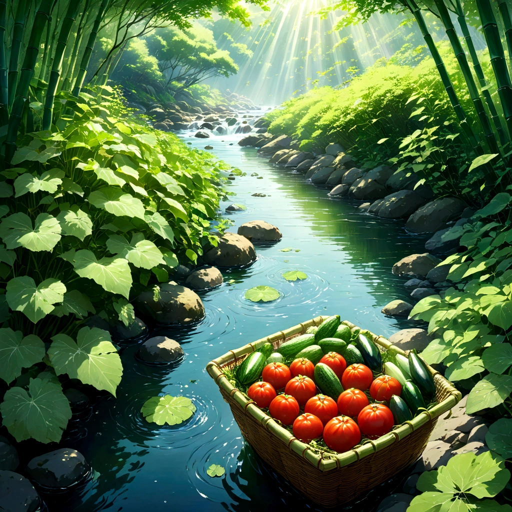 Crystalline water rushes over smooth, moss-covered rocks, the heart of the mountain stream a torrent of whitewater. Near the bank, where the flow softens and pools invitingly, rests a weathered bamboo basket. Submerged in the cool, clear water, it cradles a simple summer meal: three plump tomatoes, four crisp cucumbers, and two glossy eggplants. Sunlight filters through the surrounding foliage, dappling the scene with a gentle warmth and highlighting the vibrant colors of the vegetables. A sense of serene anticipation hangs in the air, a promise of refreshment to come. beautiful anime scenery, landscape painting, beautiful digital painting, andreas rocha, illustration of beautiful artwork, amazing wallpaper, raymond swanland, tall beautiful painting, studio ghibli makoto shinkai, beautiful wallpaper, anime scenery refreshing, nostalgic, summer, japan, nature, no humans simple, minimalist, 3 tomatoes, 4 cucumbers, 2 eggplants, fast-flowing stream, calm edge, submerged basket