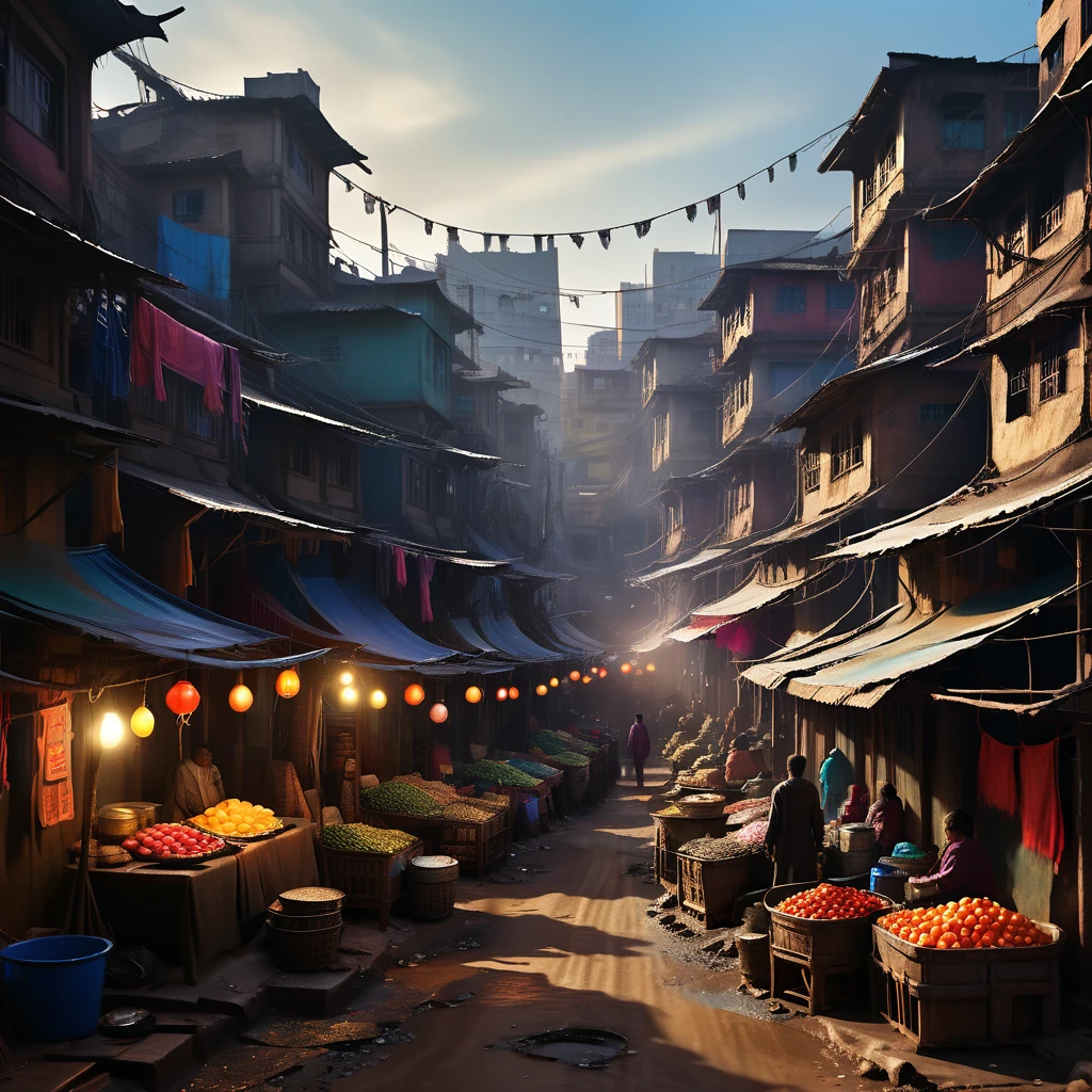 landscape, 景color, A slum-like market, color々Na people々, many aliens, building, Wide Shot, Semi-realistic, masterpiece, Sharp focus, Super detailed, Absurd, High resolution, Dynamic Lighting, Collapse, Dusty,