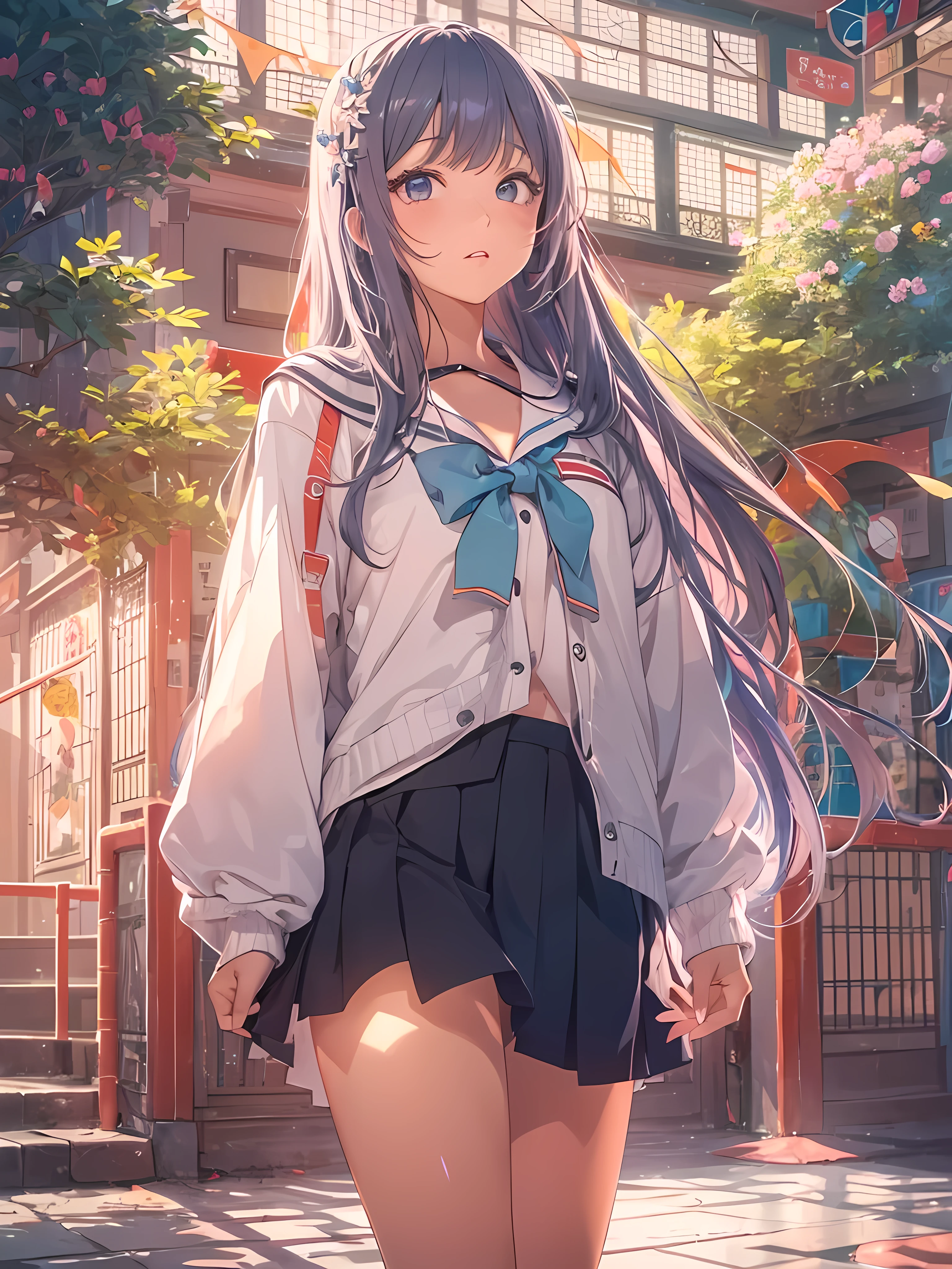 beautiful young woman, anime style, detailed face, wearing a Japanese high , standing in a serene and picturesque school setting, vibrant and inviting lighting, dynamic pose, Japanese anime style, high quality, highly detailed, 8k resolution, cinematic lighting, best quality, vibrant colors, Instagrammable, aesthetic, trendy, hair color and style are vibrant and unique