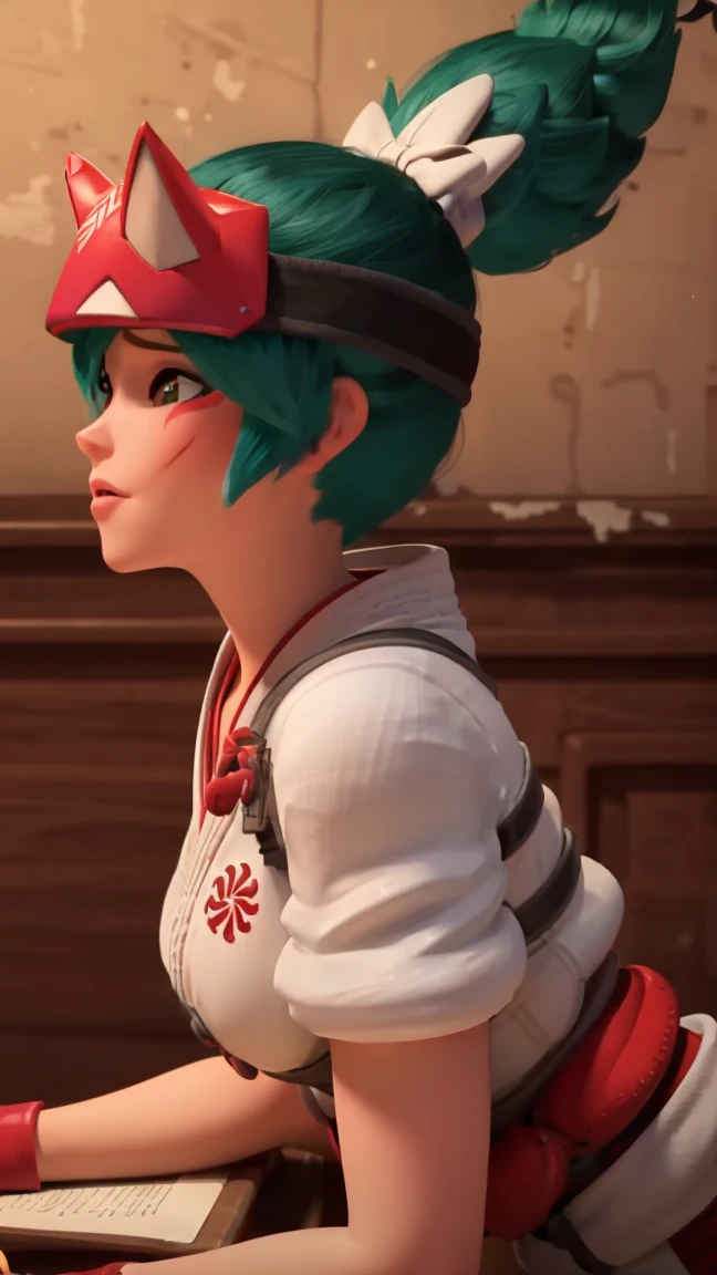  (owkiriko), kiriko \(overwatch\), green hair:0.7, red fox helmet, red sneakers, outside, blushing, underwear, lingerie, ass, , nsfw, bending over, sexy, bra