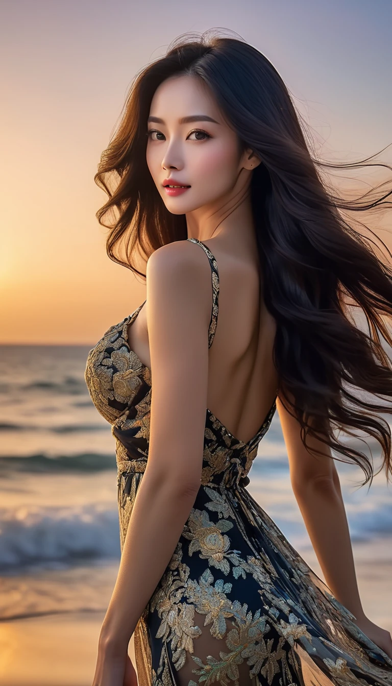 4K resolution, 8K resolution, beautiful, Highest quality, Absolutely wonderful, Very detailed, Ultra-high resolution, masterpiece, RAW Photos, Realistic, Depth of written boundary, Cinematic Light,
One elegant mature woman,
Long black hair, 精巧なディテールのbeautiful顔, A calm and loving face,
Transparent white skin, Very sensitive skin,
Great proportions, Glamorous Body, Anatomically correct body, Shapely large breasts, Shapely ass, Firm thighs,
Resort Long Dress, Summery design, Beautifully detailed pattern, Detailed cloth texture,
Night sky background, Dark sandy beach at night,
((Low angle shot:1.5)), ((Perspective from the bottom:1.5)),