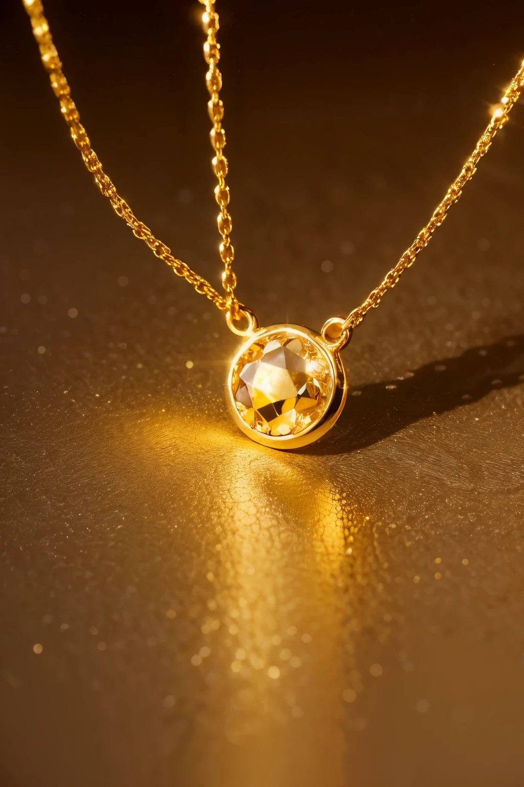 abstract art of a golden necklace with small and delicate chains, with a small stone with a point of light