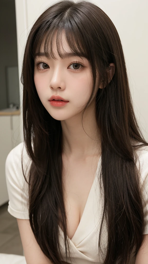 Close-up of a woman with long hair and a cigarette, Ela tem cabelo preto With bangs, Ulzzang, With bangs completa, Larisa Manovar, With bangs, Korean, cabelo arrumado With bangs, Young and pretty Asian face, cabelo comprido With bangs completa, cabelos longos With bangs, Young and adorable Korean face, Pale, round face, young asian girl, complete naked, complete closed mouth, 