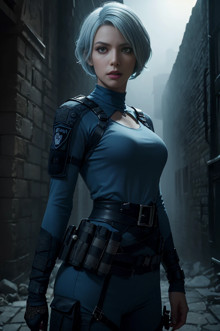 (An Enigmatic 30-Year-Old Female Vampire Hitwoman), (Light Blue Wolfcut Hair:1.4), (Sharp Silver Eyes), (Fair Skin with Hidden Fangs), (Wearing Dark Blue Tactical Outfit:1.4), (Castle of Eternal Night), (Dynamic Pose:1.4), Centered, (Waist-up Shot:1.4), From Front Shot, Insane Details, Intricate Face Detail, Intricate Hand Details, Cinematic Shot and Lighting, Realistic and Vibrant Colors, Masterpiece, Sharp Focus, Ultra Detailed, Incredibly Realistic Environment and Scene, Master Composition