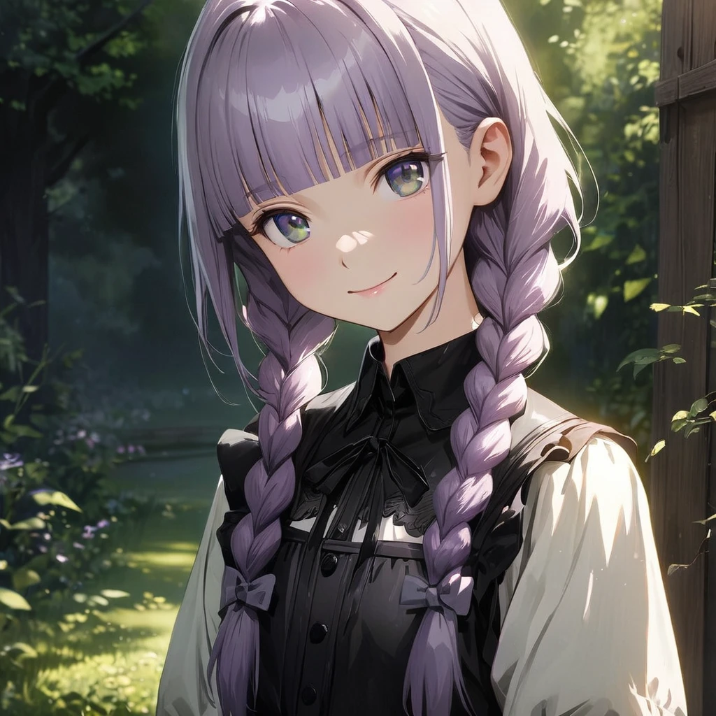 (Cute a girl:1.5), (masterpiece:1.3), anime visual, (Lovey-dovey:1.5), (tilt head:1.3), extremely delicate face, realistic lighting and shading, (an extremely delicate and beautiful art:1.3),15 years old,smiling,(pale purple wavy and blunt bangs braids hair,green and black eyes,portrait:1.5)from front,fullbody shot,full body shot,White brim, black gothic maid outfit, black knee-high socks, leather shoes, outdoors,morning lit,cowboy shots,