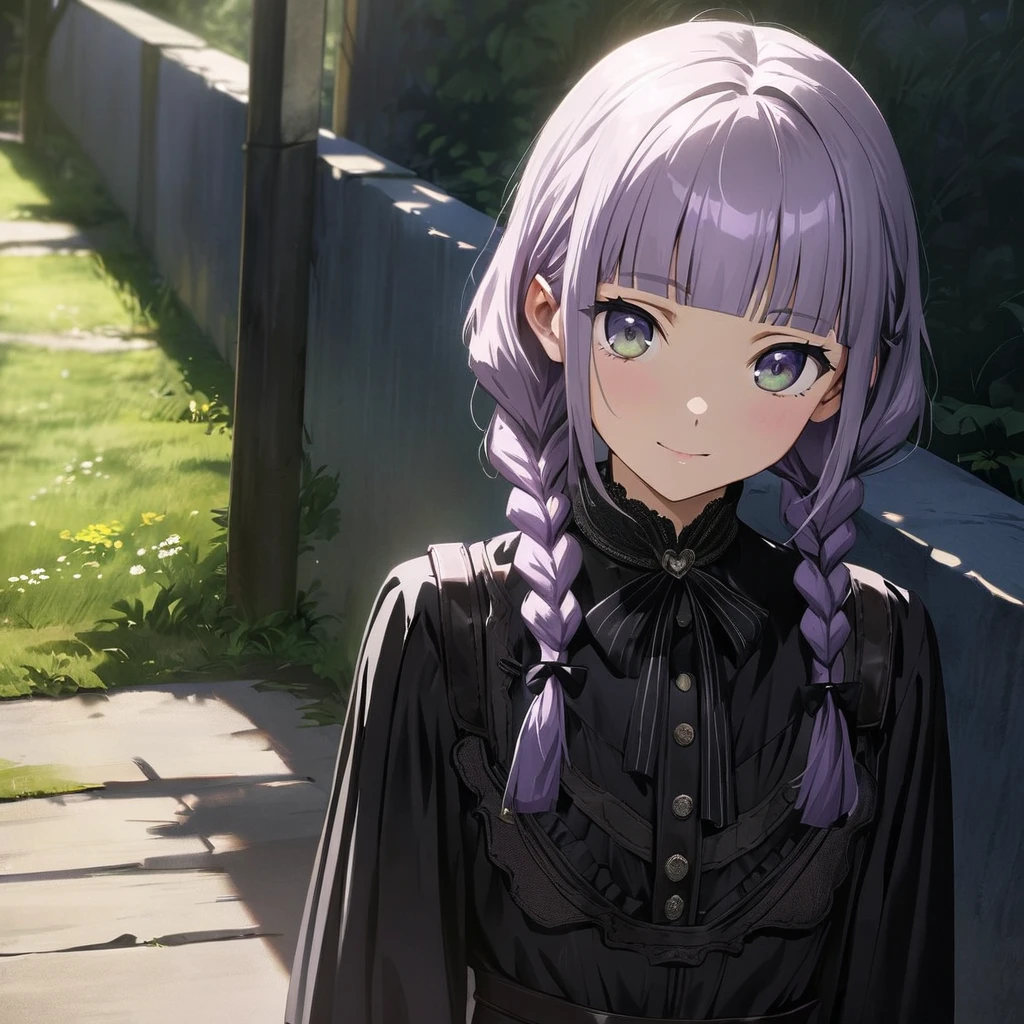 (Cute a girl:1.5), (masterpiece:1.3), anime visual,  (Lovey-dovey:1.5), (tilt head:1.3), extremely delicate face, realistic lighting and shading, (an extremely delicate and beautiful art:1.3),,smiling,(pale purple wavy and blunt bangs braids hair,green and black eyes,portrait:1.5)from front,fullbody shot,full body shot,White brim, black gothic maid outfit, black knee-high socks, leather shoes, outdoors,morning lit,cowboy shots,