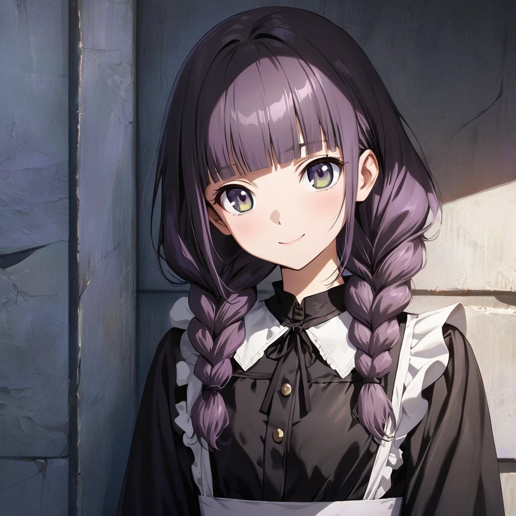 (Cute a girl:1.5), (masterpiece:1.3), anime visual,  (Lovey-dovey:1.5), (tilt head:1.3), extremely delicate face, realistic lighting and shading, (an extremely delicate and beautiful art:1.3),15 years old,smiling,(pale purple wavy and blunt bangs braids hair,green and black eyes,portrait:1.5)from front,fullbody shot,full body shot,White brim, black gothic maid outfit, black knee-high socks, leather shoes, outdoors,morning lit,cowboy shots,